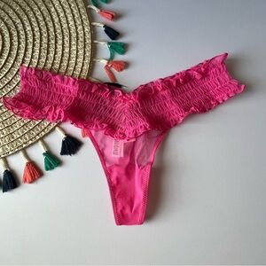 Victoria's Secret Panties The Lacie Smocked Mesh Thong Panty Pink Sheer L NEW